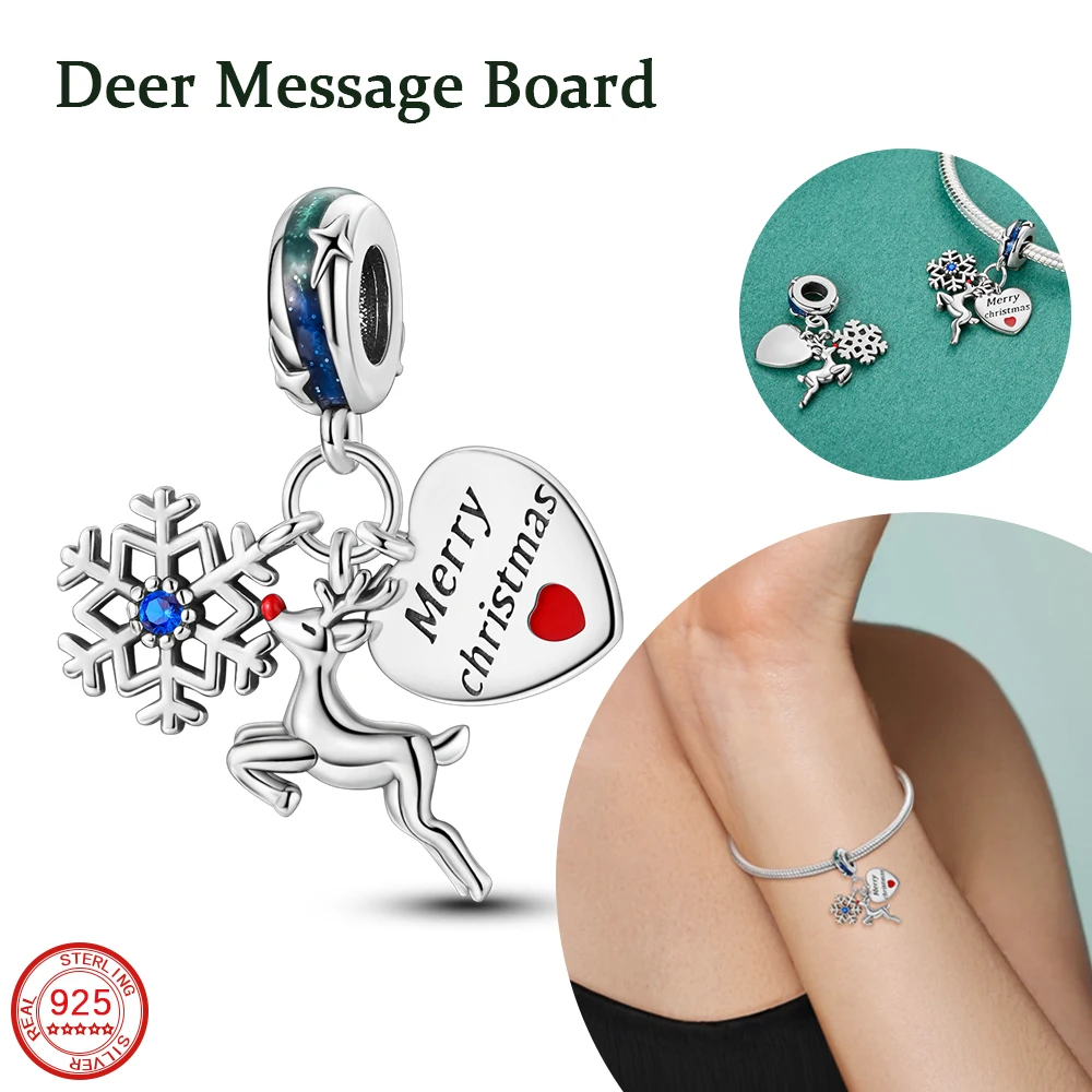 New 925 Sterling Silver Cute Christmas Snowflake Deer Message Tag Pendant Fit DIY Women's Bracelet Necklace Christmas Party Gift