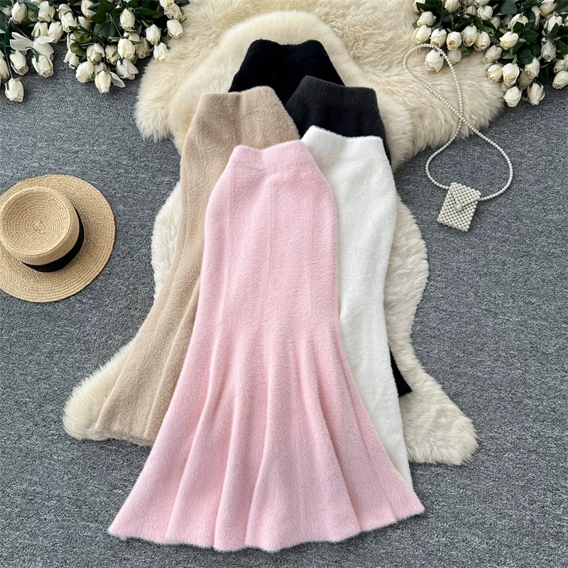 Damen Kunstnerz Gestrickter Meerjungfrauenrock Hohe Taille Weicher Flauschiger Warmer Pulloverrock Herbst Winter Eleganter Figurbetonter Langer Midirock 636 – Detail 1