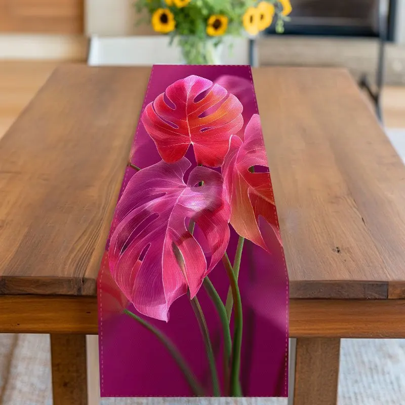1 Piece Tropical Design Table Runner with Pink and Red Leaf Pattern, Suitable for Farmhouse, Indoor, Kitchen, Celebrations, Table Decoration, Restaurant, and Banquet Decoration Supplies