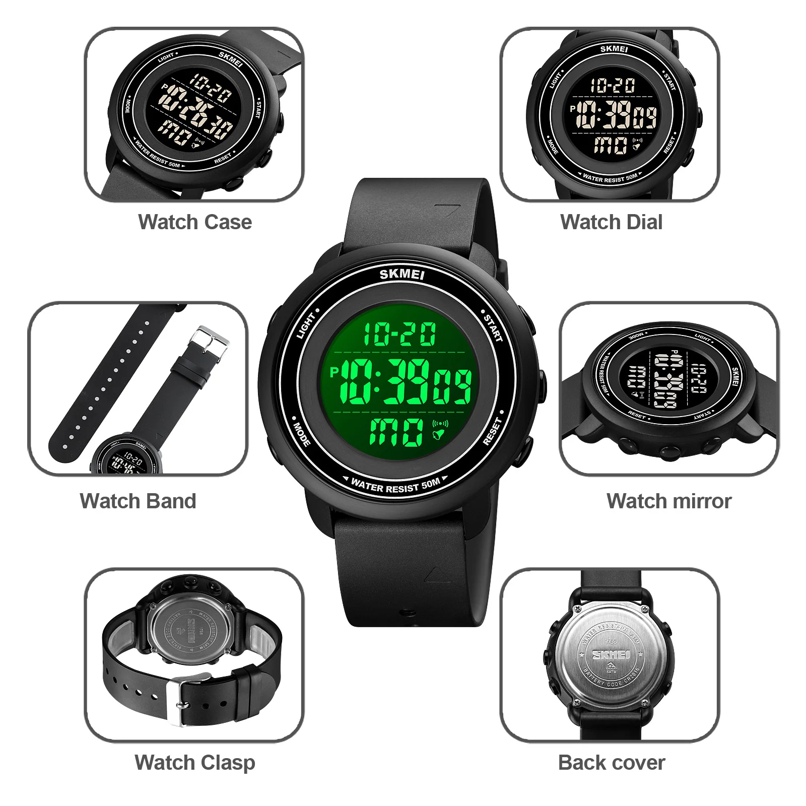 SKMEI Fashion multifunzionale orologio sportivo all'aperto impermeabile luminoso specchio ad alta lente orologio elettronico da uomo 1736