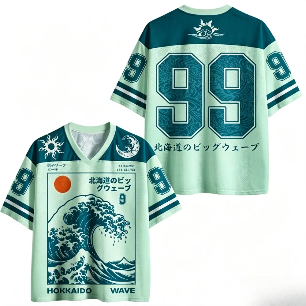 Nouveau t-shirt japonais de style Harajuku avec motif Great Wave et imprimé No.99, t-shirt en maille à col en v, respirant, à manches courtes, pour adultes et enfants
