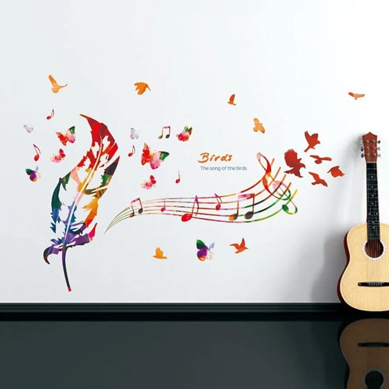 Feather Musical Note Vinyl Wall Stickers for Living Room Kids Bedroom Home Decoration Cartoon Butterfly Bird Romantic Wallpaper