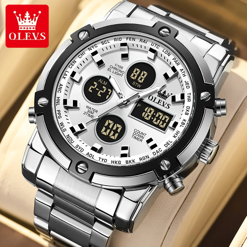 OLEVS Original Brand Men Quartz Watches Waterproof Trendy Electronic Watch Multifunctional LED Luminous Fashion Stainless Steel