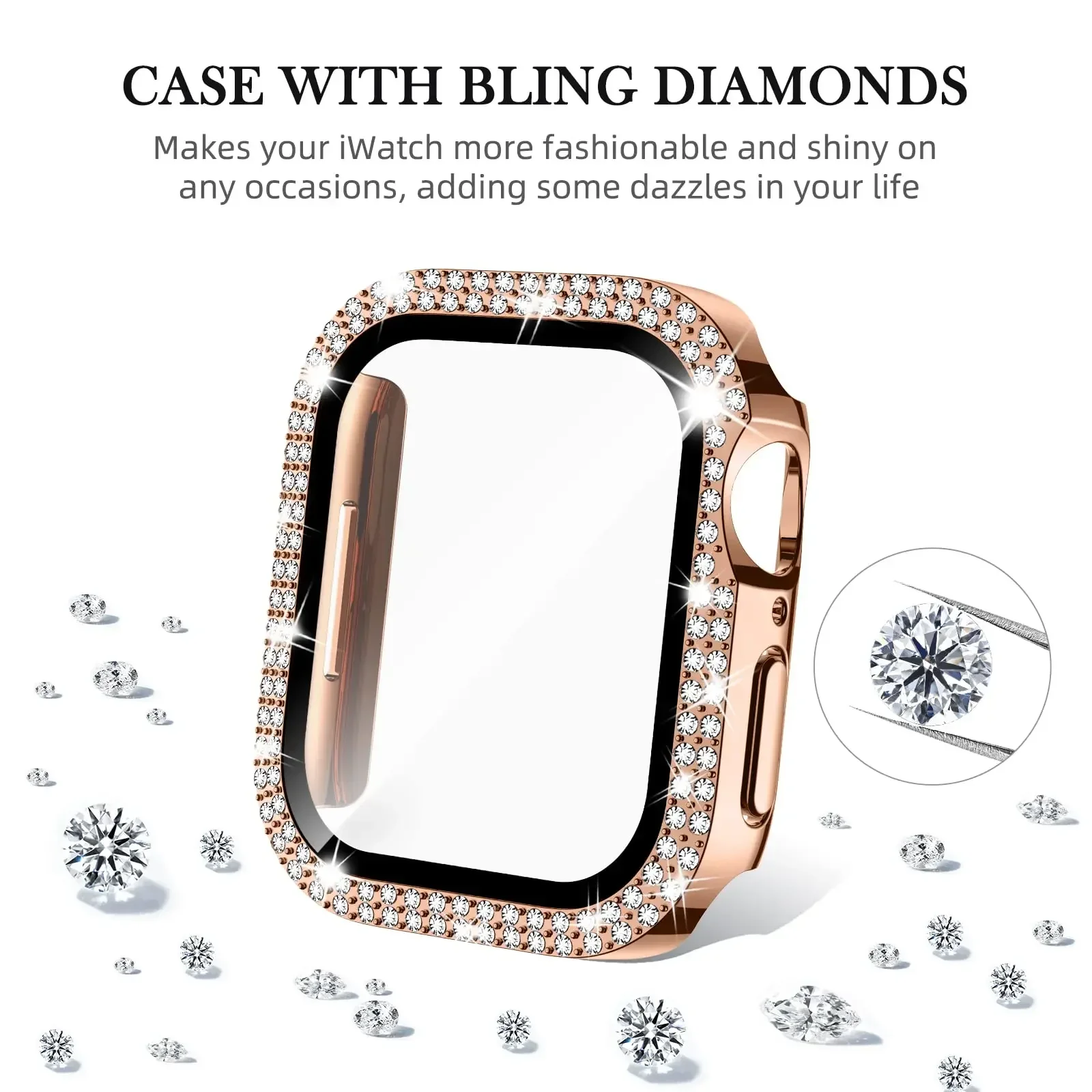 Diamond Cover For Apple watch Case 45mm 41mm 44mm 40mm Tempered Glass+Bling Bumper Screen Protector iWatch series 9 8 7 6 5 4 SE