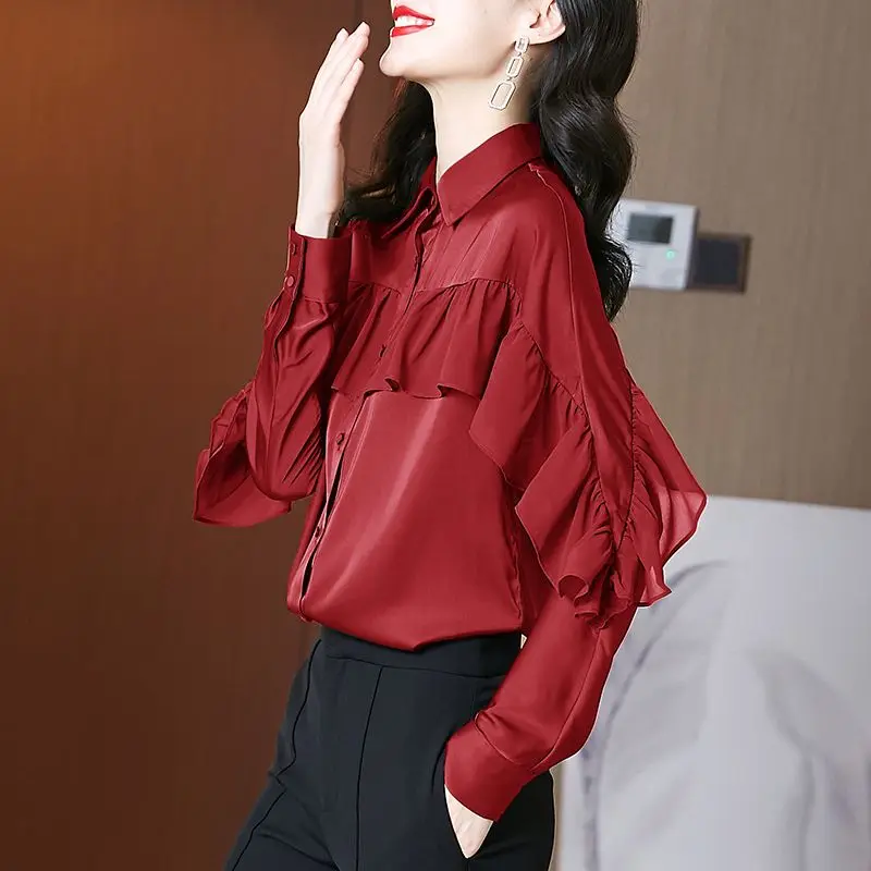 

Office Lady Stylish Ruffles Patchwork Shirt Spring Autumn Long Sleeve Women's Clothing Single-breasted Loose Polo-Neck Blouse