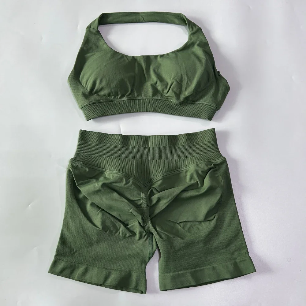 2-teiliges Set Damen Nahtloses Yoga-Set Workout-Sets Halter-Sport-BH Scrunch-Shorts Fitnessanzug Sportbekleidung – Detail 22