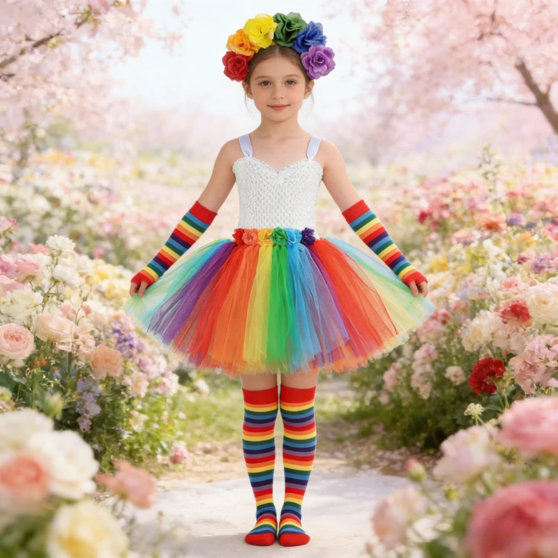 Kids Rainbow Tulle High Low Dress V-Neck Flower Girl Tutu Princess Gown Formal Outfit for Christmas Halloween Birthday Occasion