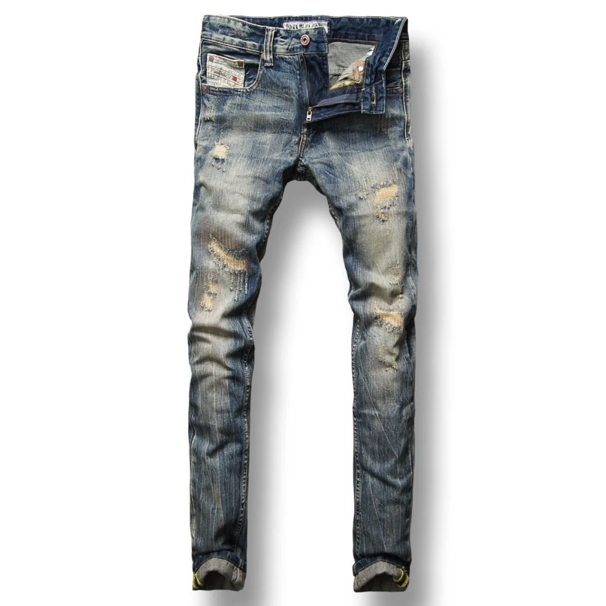 2023 Spring and Autumn New Fashion Casual Solid Color Vintage Ripped Jeans Men\'s Slim Comfortable Elastic High-Quality Jeans