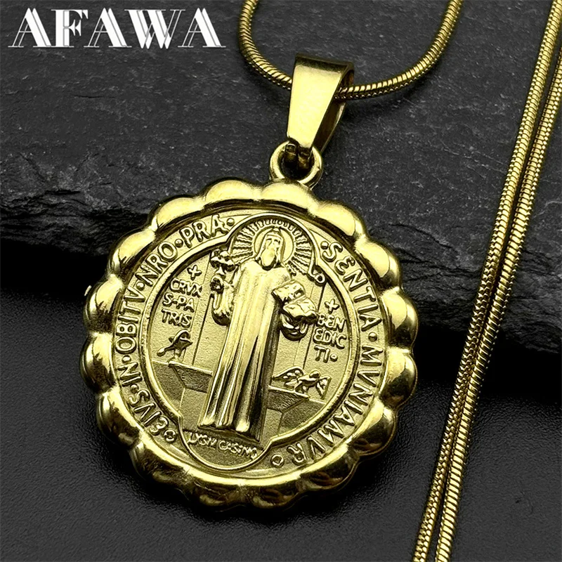 

Vintage Catholic Flower Saint Benedict Medal Necklace for Men Women Stainless Steel San Benito Gold Color Amulet Jewelry Gift