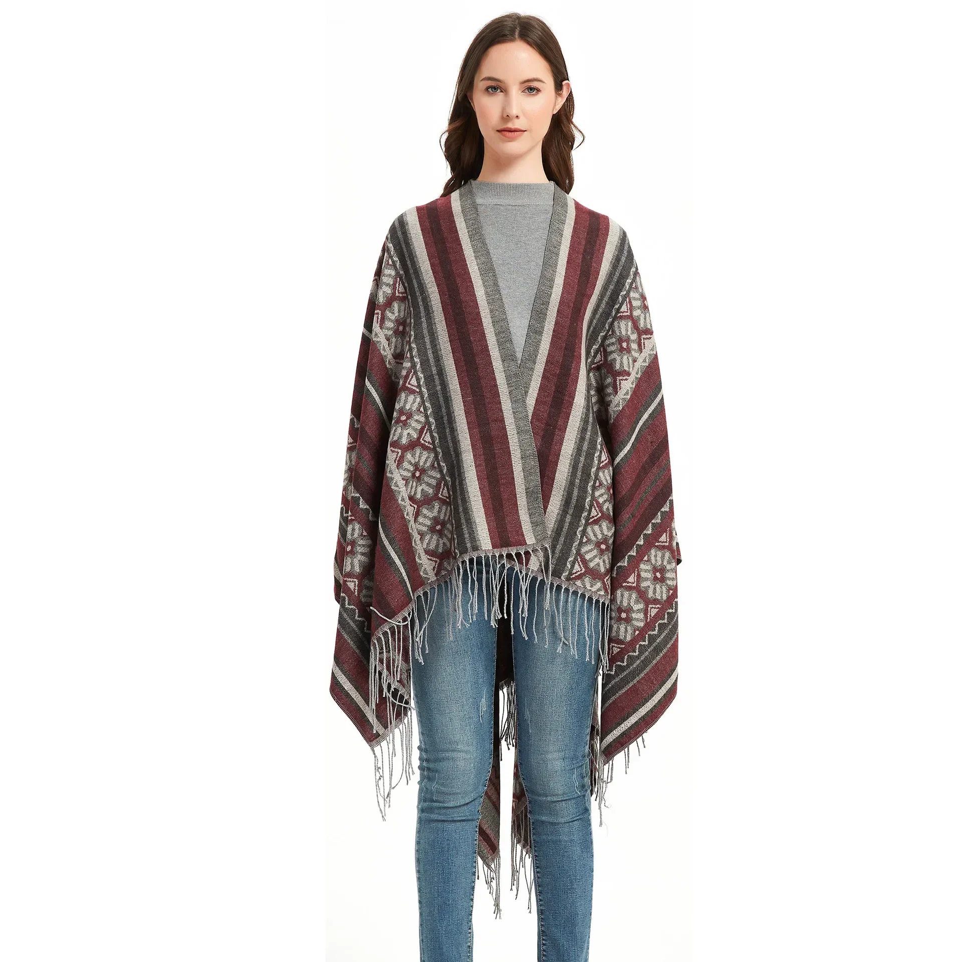 Primavera outono geométrico jacquard estilo étnico turismo divisão borla xale feminino ar condicionado poncho senhora capas capas marinhas
