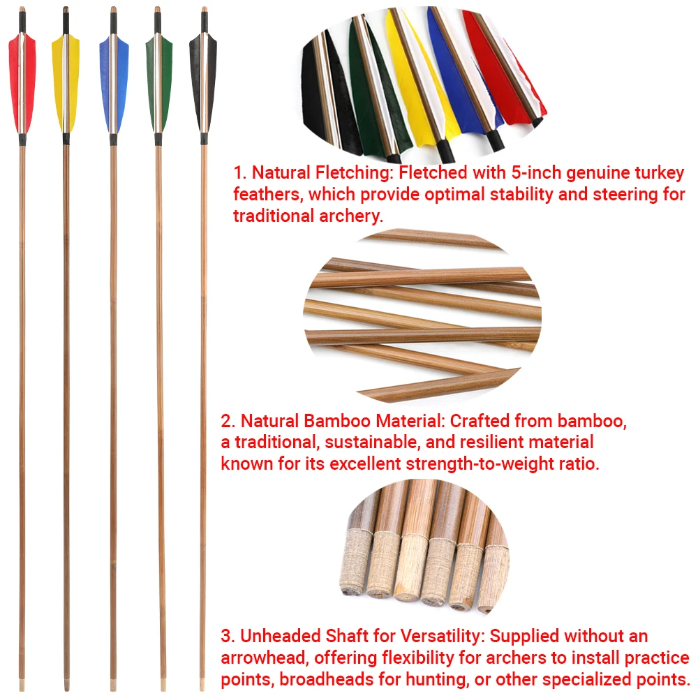 6/12pcs Bamboo Arrow 5 Inch Turkey Feather 83cm Length OD 8mm Shaft for Traditional Recurve Long Bow Archery Hunting Shooting - view 2