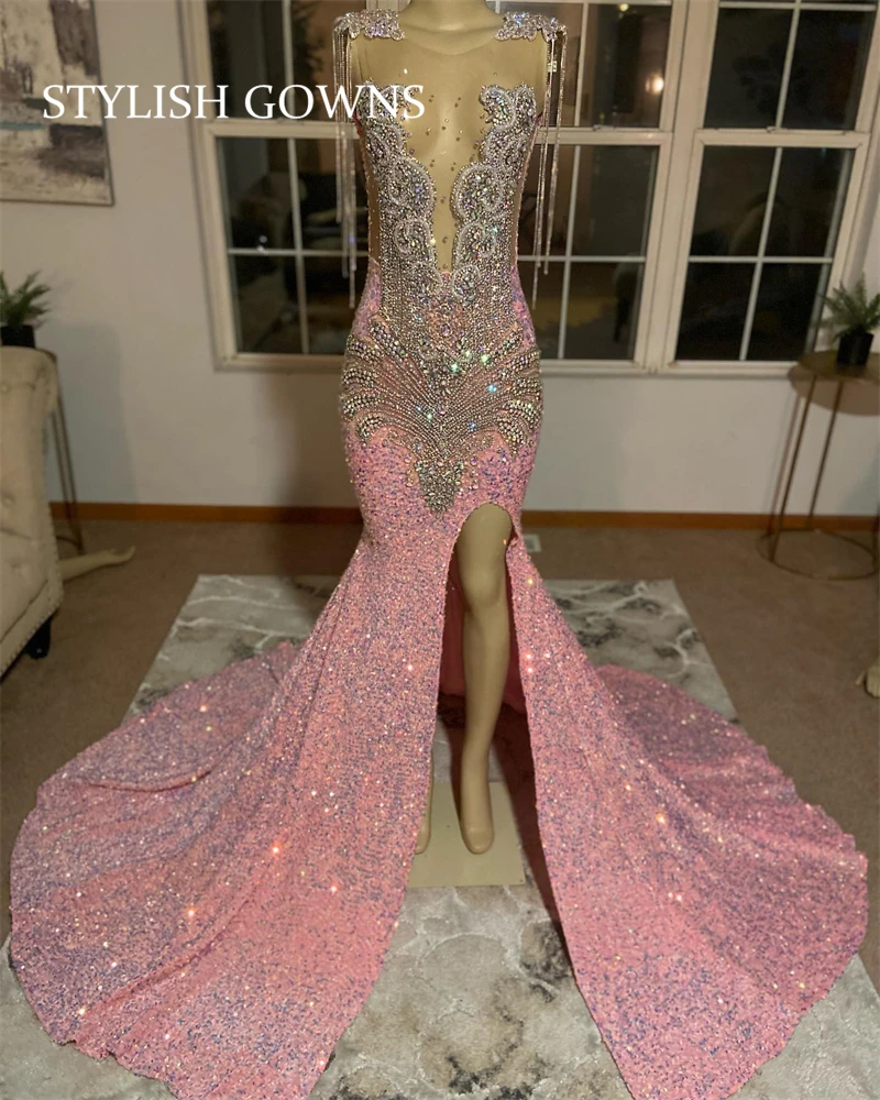 Robe de bal longue rose à paillettes, col rond, pour filles noires, tenue de fête d'anniversaire avec des perles de cristal scintillantes et des diamants, fente haute, à franges