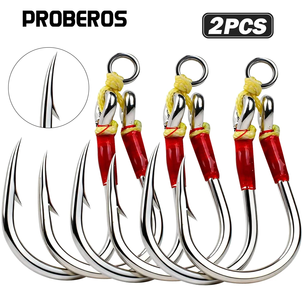 Proberos 2 Stück Angelhilfshaken mit PE-Leine zum Jiggen, 6X Extra Starke Salzwasser-Jigging-Hilfshaken