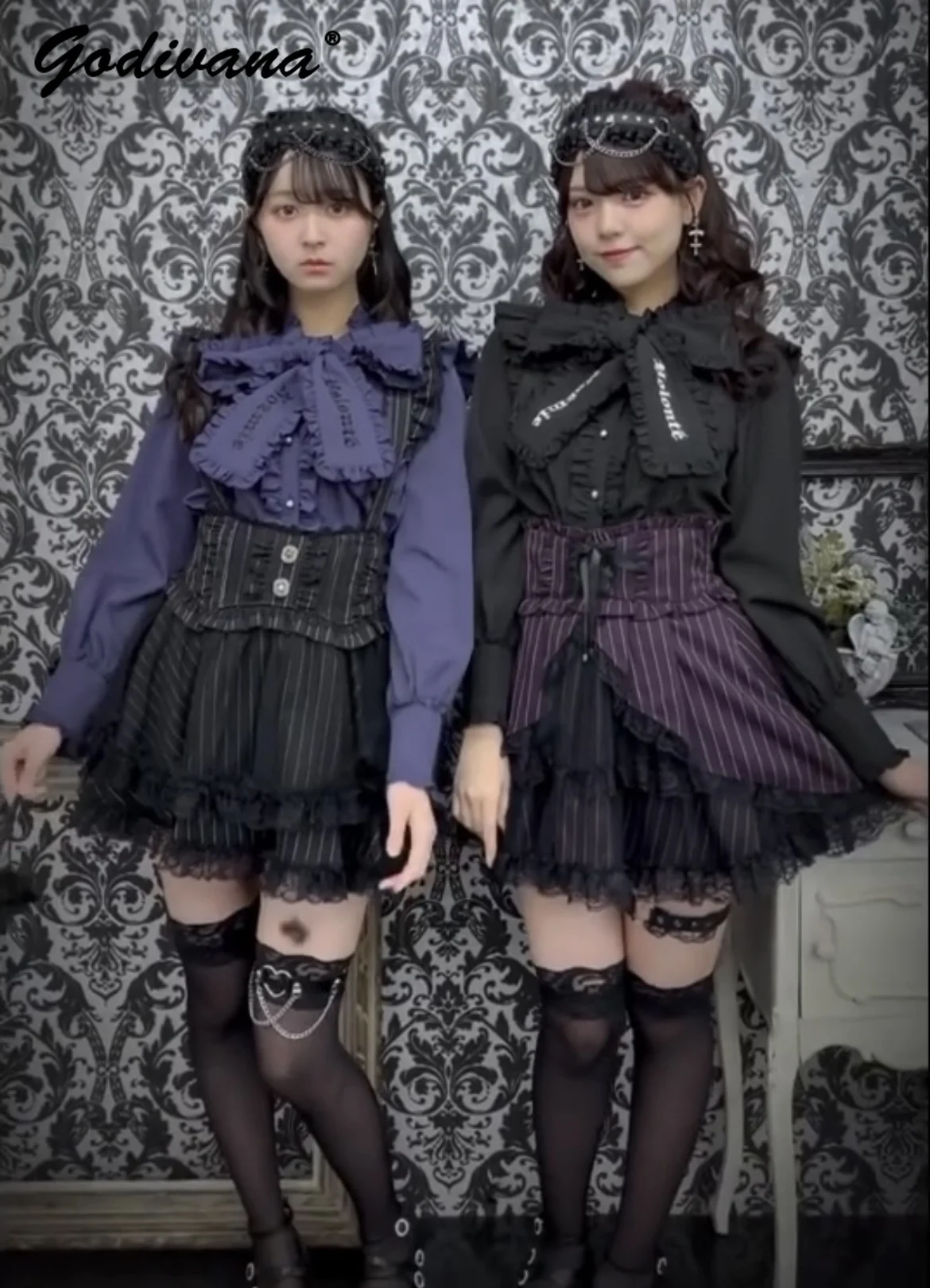 고딕 스타일 러플 레이스업 칼라 보타이 대량 생산 긴팔 셔츠 레터 자수 여성 블라우스 셔츠