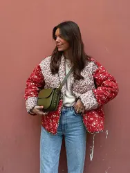 Chaqueta acolchada con solapa y estampado Floral para mujer, abrigo elegante de algodón de manga larga con botonadura única, ropa de abrigo cálida a la moda