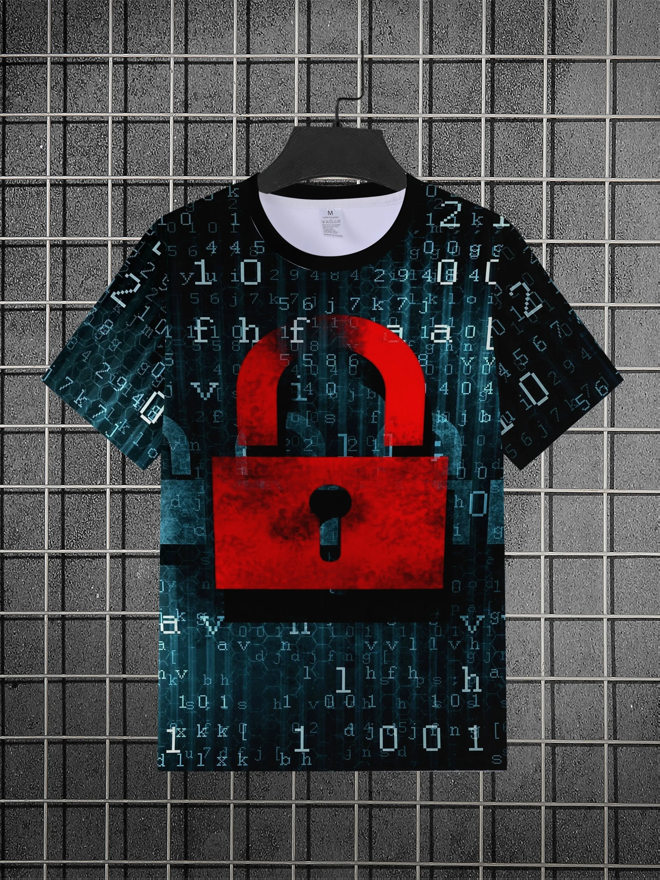 Men Red Lock Binary Code 3D Print T-shirt Crew Neck Short Sleeve Tech Streetwear Casual Tee
