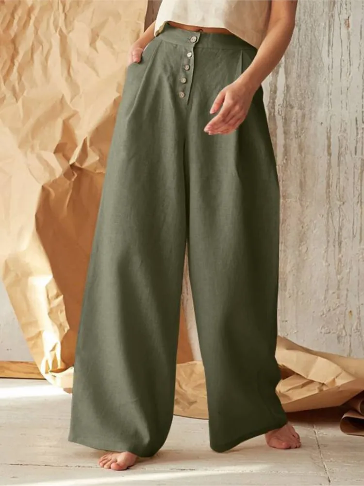 Fashion Black Casual Long Pant Women\'s Solid Color High Waist Casual Buttoned Cotton And Linen Wide Leg Pants New Spring Summer