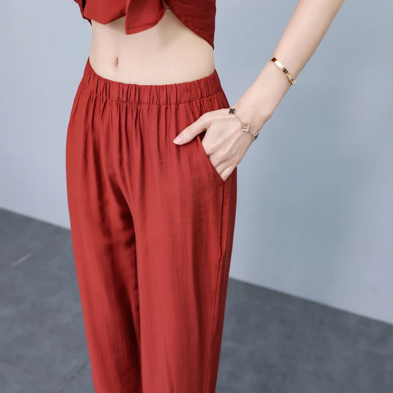 Summer Two Piece Sets for Women Outifits 2024 New Elegant Solid Color High Waist Trouser Sets High Quality