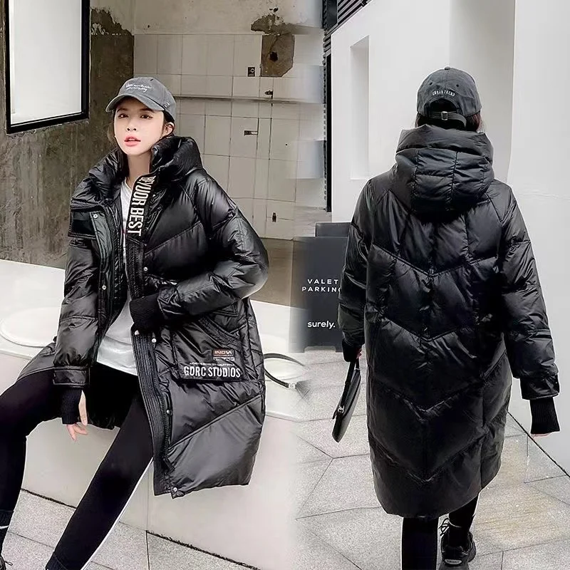 2023 Winter New Letter Glossy Down Jacket Thicken Hooded White Duck Down Coat Women\'s Coat Female Parka Long Overcoat Streetwear