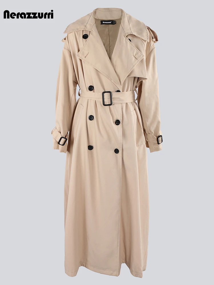 Nerazzurri Autumn Extra Long Oversized Khaki Flowy Soft Trench Coat for Women Back Slit Double Breasted Loose Casual Overcoat