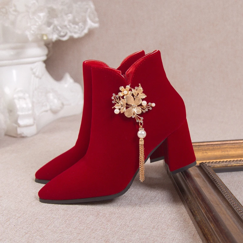 Red Wedding Bridal Shoes 2024 Winter Women\'s Boots Stylish Pointed Toe High Heel Ankle Boots Female Elegant Dress Banquet Shoes