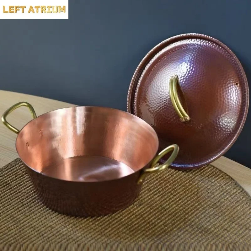 Handcrafted Vintage Copper Pot,Camping Thickened Pot With lid Cooking Utensil Simmering Pasta Stewing,24.5 cm Hammer Texture Pot