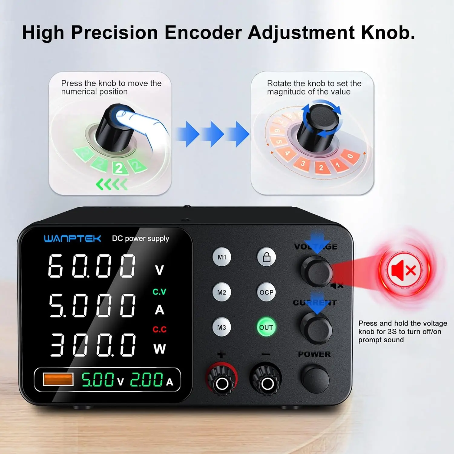 Alimentatore CC regolabile da 60 V 5 A con memoria, OCP, ricarica USB e display a 4 cifre