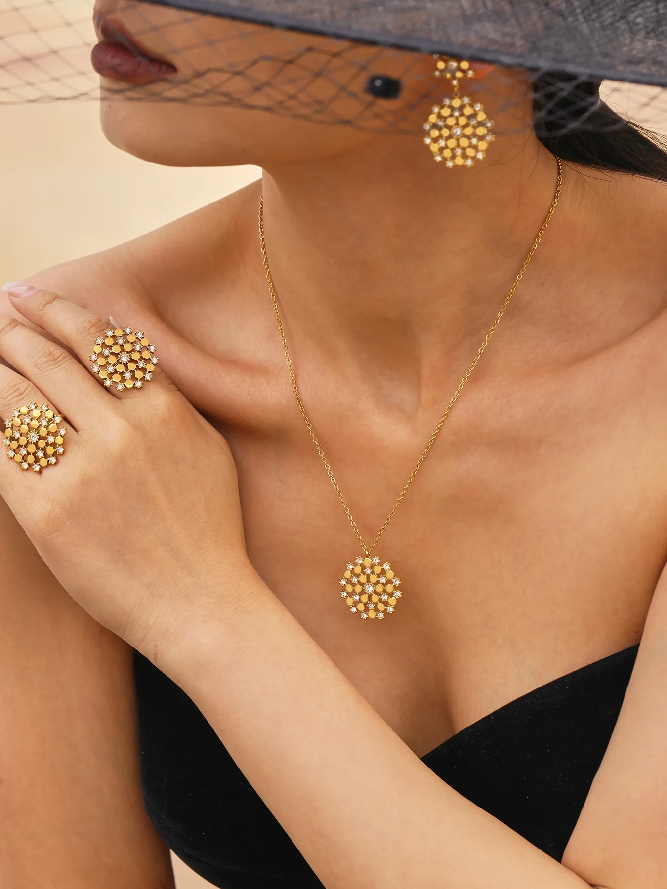 Snowflake 9999 24K Real Gold Imported Czech Rhinestone Super Flashing Earrings Ring Necklace Set 18K Real Gold