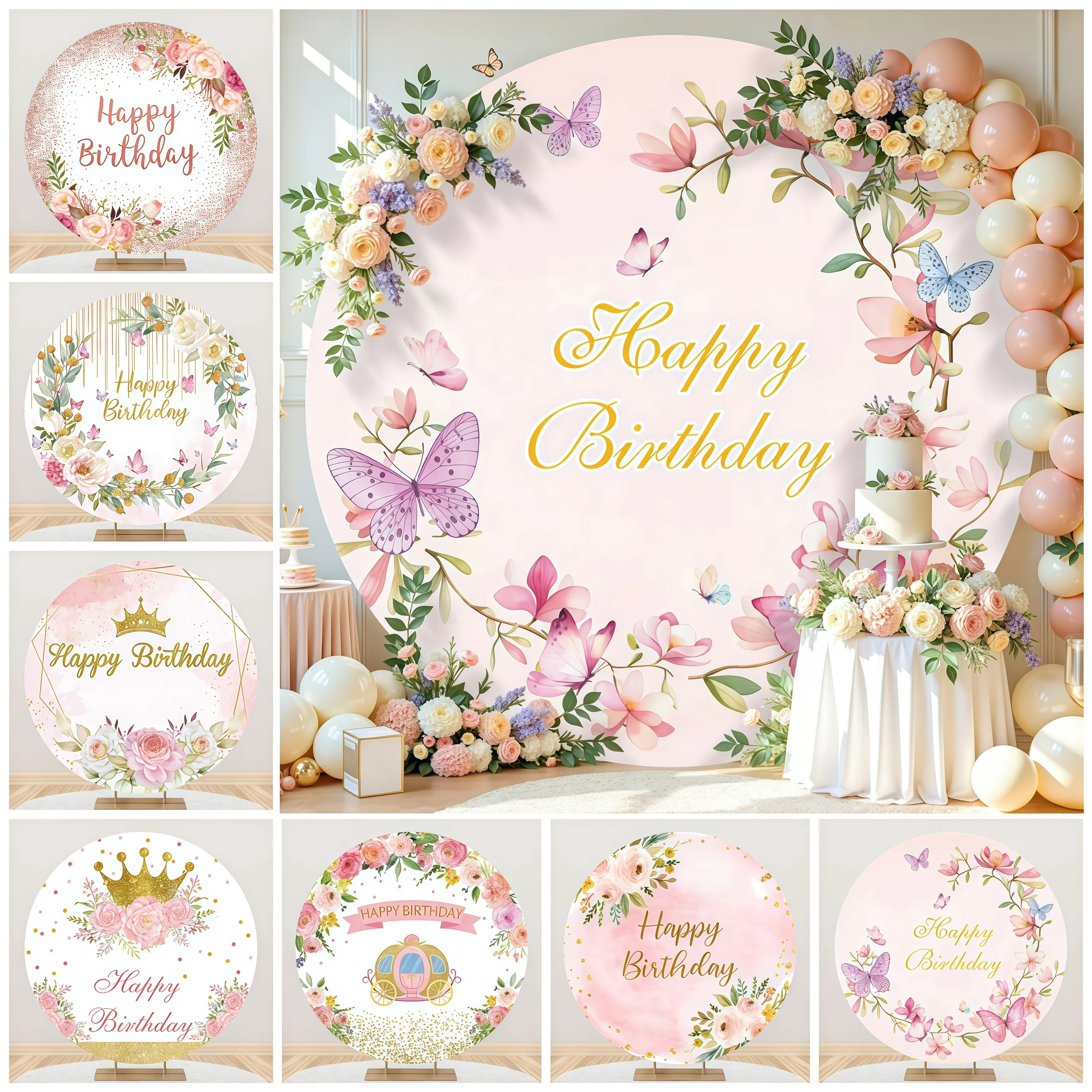 

Розовая круглая арка-фон для дня рождения с цветами, бабочками, золотым блеском и короной, для девочек, на тему принцессы, для вечеринки в честь дня рождения или детского праздника