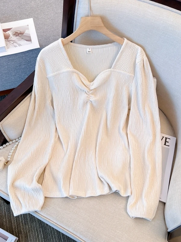 

Ele Spring irt Women's Soft Pink Faion Pleated V-Ne Top plus Size Casual Loose Fit Long Sve Color