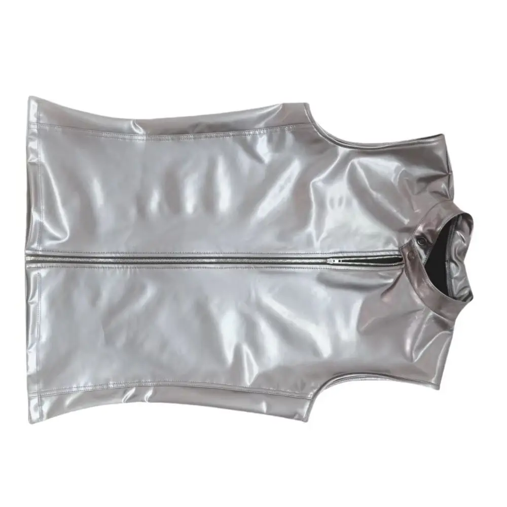 

Woman Waistcoat Shiny PU Leather Tank Tops Sleeveless Vest Zipper Stand Collar Wet Look PVC Tshirt Weskit Performance Tanktop