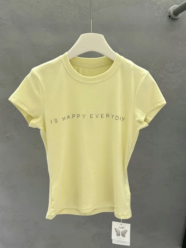 

Женская футболка в американском стиле, приталенная, с коротким рукавом, летняя, модная, с буквенным принтом и стразами, с круглым вырезом