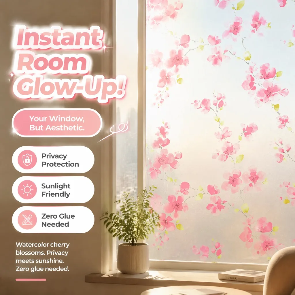 Spring Sakura Floral Peel Stick Glass Sticker Bathroom Bedroom Window Decor