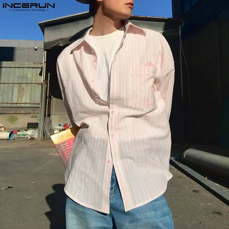 Incerun-男性用ストライプパッチワークラペルシャツ,長袖,ルーズ,韓国服,カジュアル,ストリートウェア,メンズシャツ,ファッション,sから5xl,2021