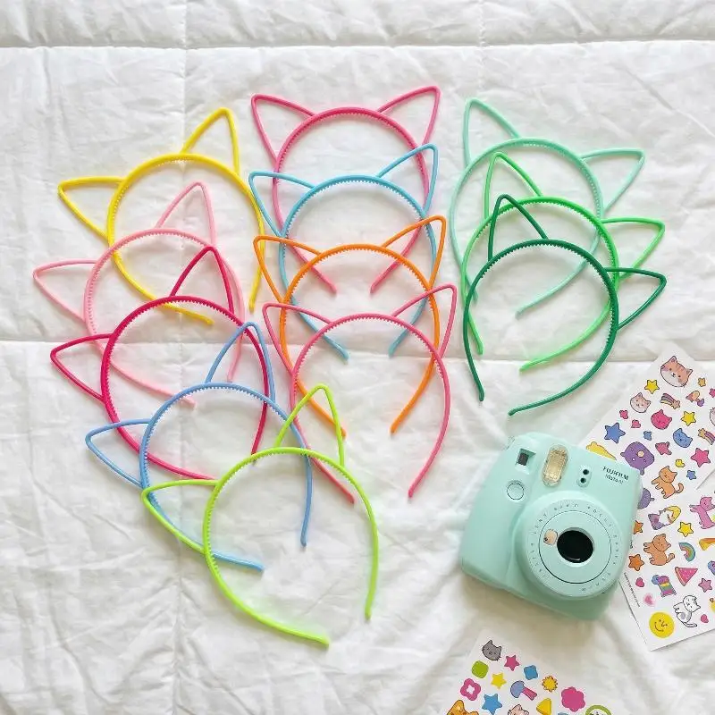 12PCS Cat Ear Headbands for Girls Solid Color Plastic Hairband Set Non Slip for Cosplay Party Event