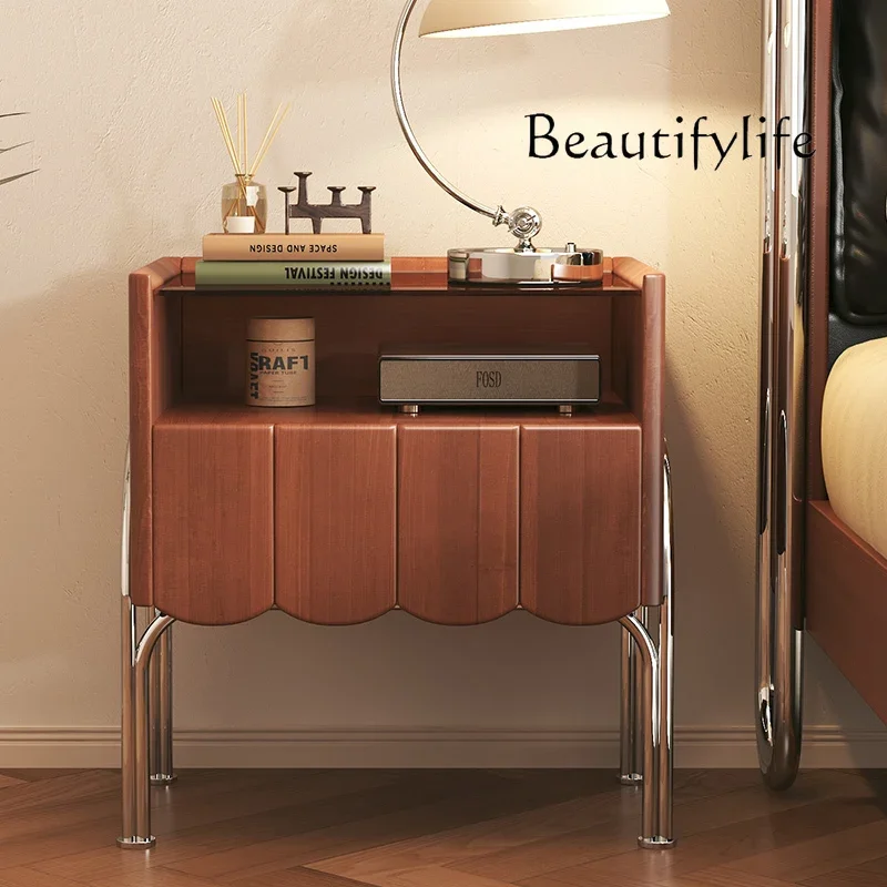 

Solid wood bedside table Bedroom household small storage cabinet Stainless steel bedside locker