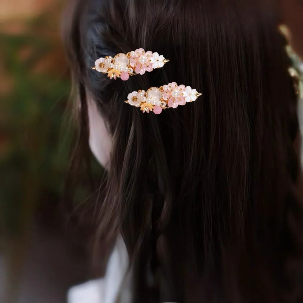 

Pink flower hair clips, women's ancient-style Hanfu hair accessories, pearl hair clips, side clips, bangs clips