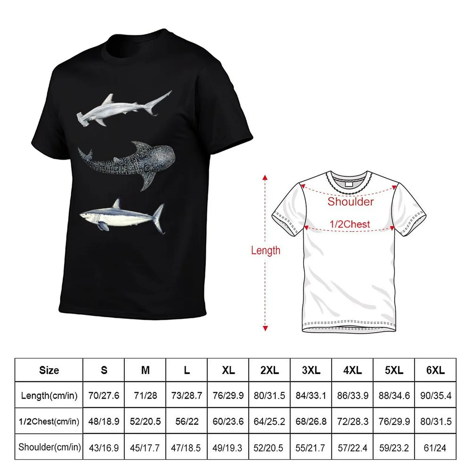 Shark trio: hammerhead shark, whale shark and mako shark T-Shirt Gym Wear Breathable Short Sleeve Tee T-Shirt view 5