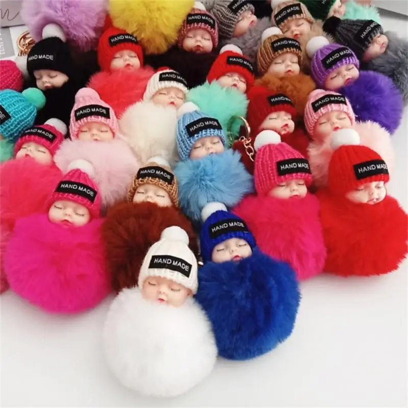 New Pompom sleeping baby keychain cute fluffy Plush doll Keychains Women Girl Bag keyrings Cars Key ring Jewelry Gift porte cl