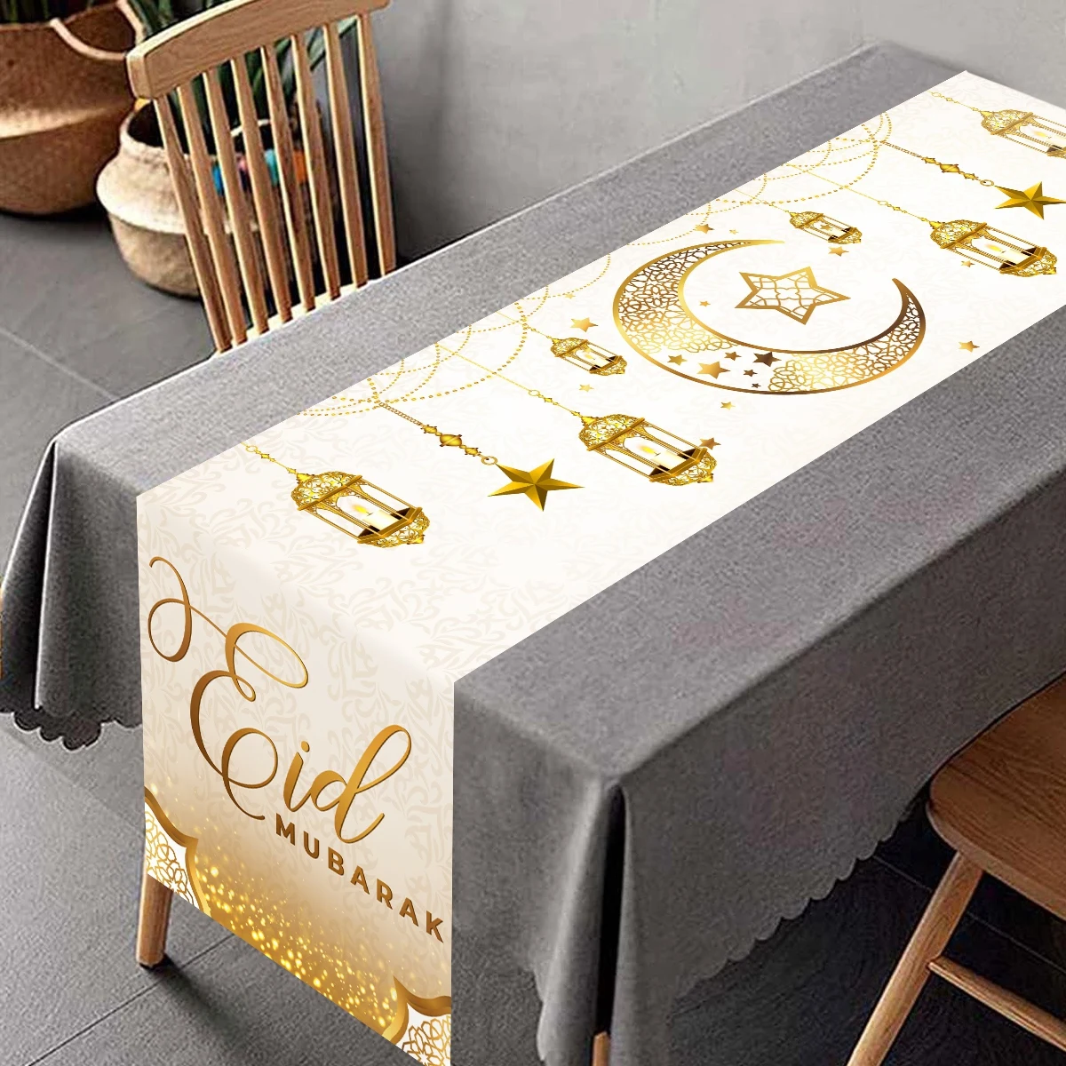 White Gold Eid Mubarak Table Runner Ramadan Decor For Home Tablecloth Ramadan Kareem Islamic Muslim Party Eid Al Adha Gifts 2026