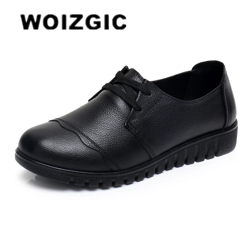 

WOIZGIC Women Female Mother Shoes Flats Loafers Lace Up Cow Genuine Leather Non Slip Causual Rubber Round Toe 35-41 HD-815