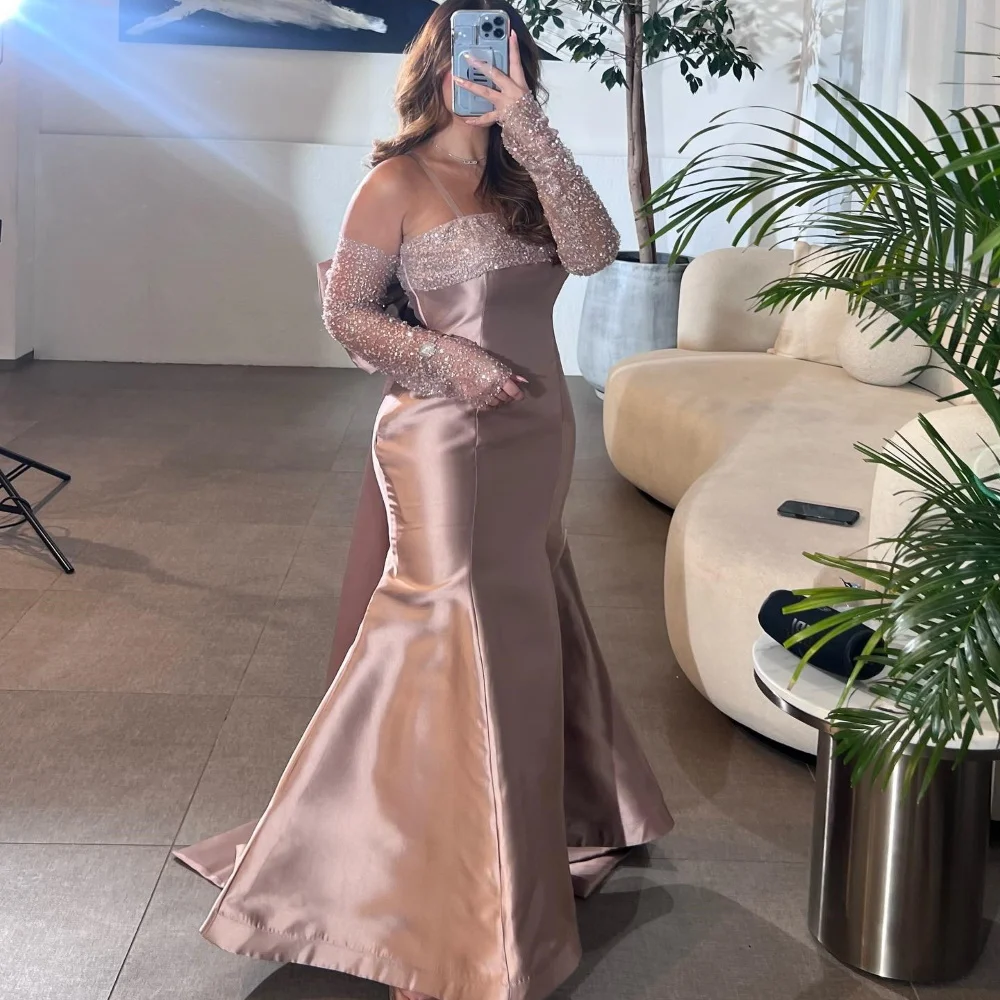 

Epoch Evening Dress Trumpet Elegant Lace Sleeve Custom Made فساتين سهرة Sexy Strapless Bow Pink Prom Gown Arabia Women 2024