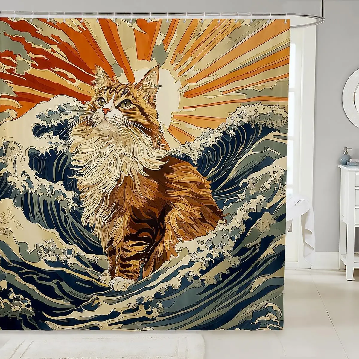 

Детские занавески для душа с мультяшным котом, японская занавеска для ванной комнаты с океанской волной Ukiyo-e, домашний декор в абстрактную полоску, морской синий ретро