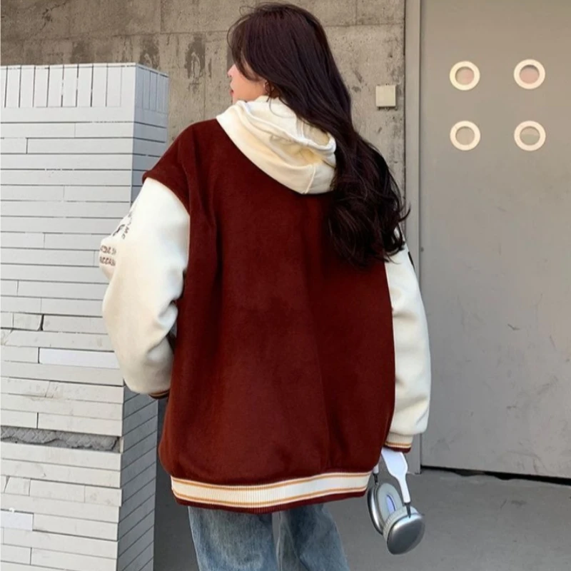 ​Student Friendly Winter Jacket Loose Korean Style Vintage Christmas Baseball Jacket with Thickened Padded Letter Print