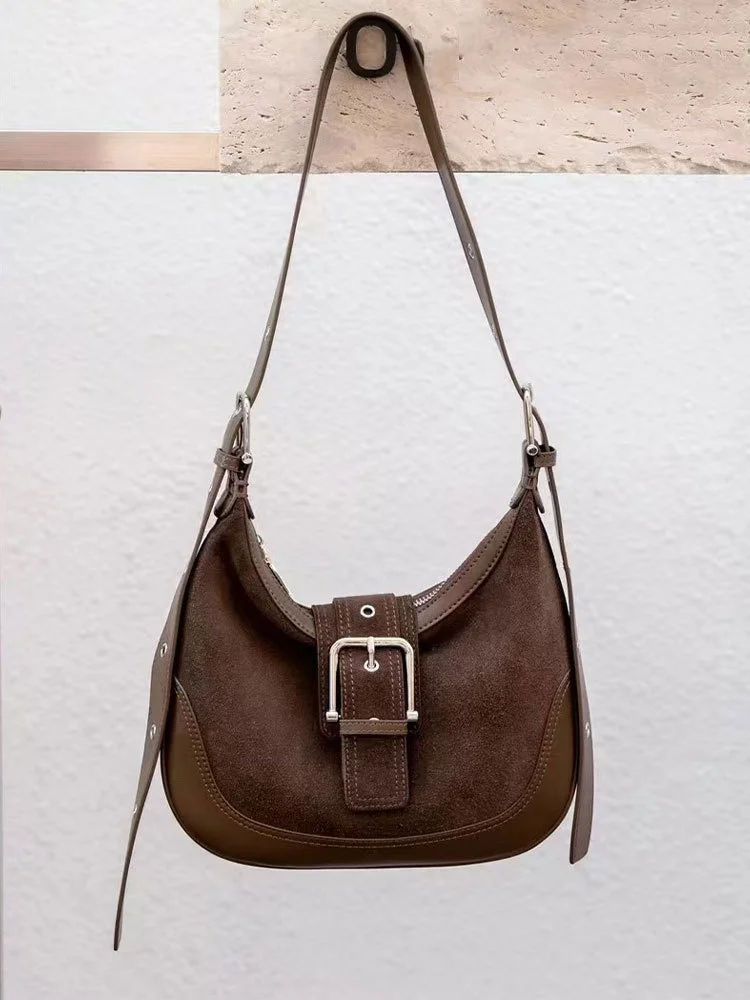 

High Texture Matte Genuine Leather Shoulder Bag for Women New Retro Belt Deco Underarm Bag Faionable Versatile Crossbody Bags