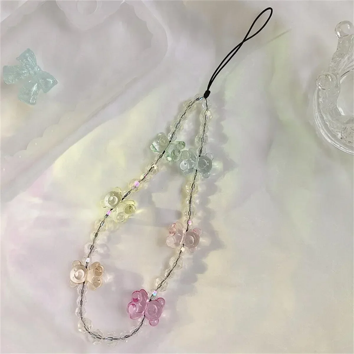 Crystal Bow Mobile Phone Wrist Strap for Iphone Lanyard Transparent Butterfly Phone Charm Bracelet Beads Chain Cellphone Pendant