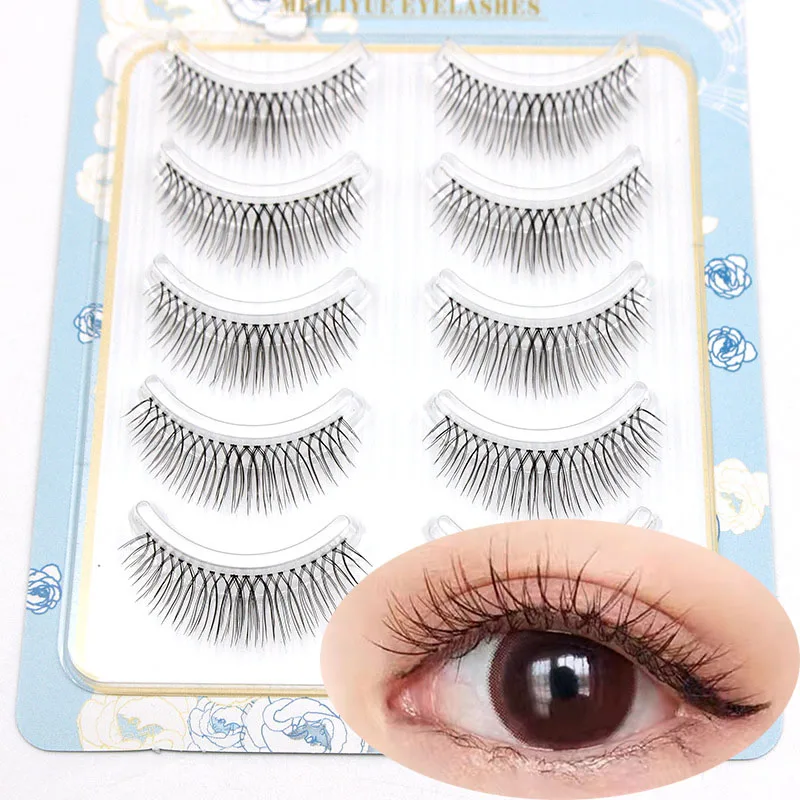 032 Handmade False Eyelash Reusable Dark Brown Natural 5 Pair Eyelash Transparent Stem Upper Eyelash Women Makeup Extension Tool