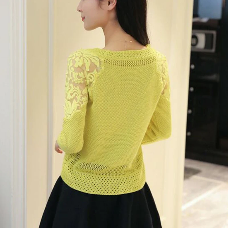 Autumn Winter New Lace Patchwork Hollow Out Beading Jumper Ladies Loose Casual Solid Color Knitting Top Women Bottoming Sweater