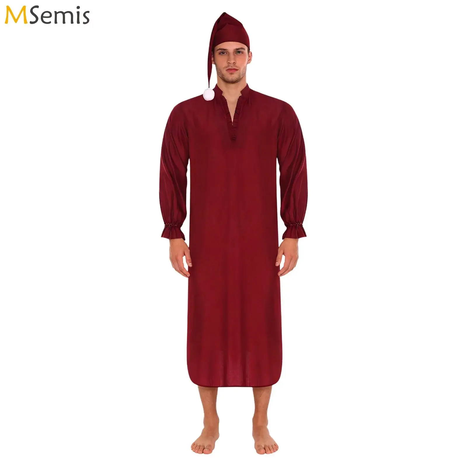 

Мужская пижама в винтажном стиле, ночная рубашка с шапочкой для сна, V-образный вырез, оборки, длинные рукава с завязками на манжетах, халат для сна