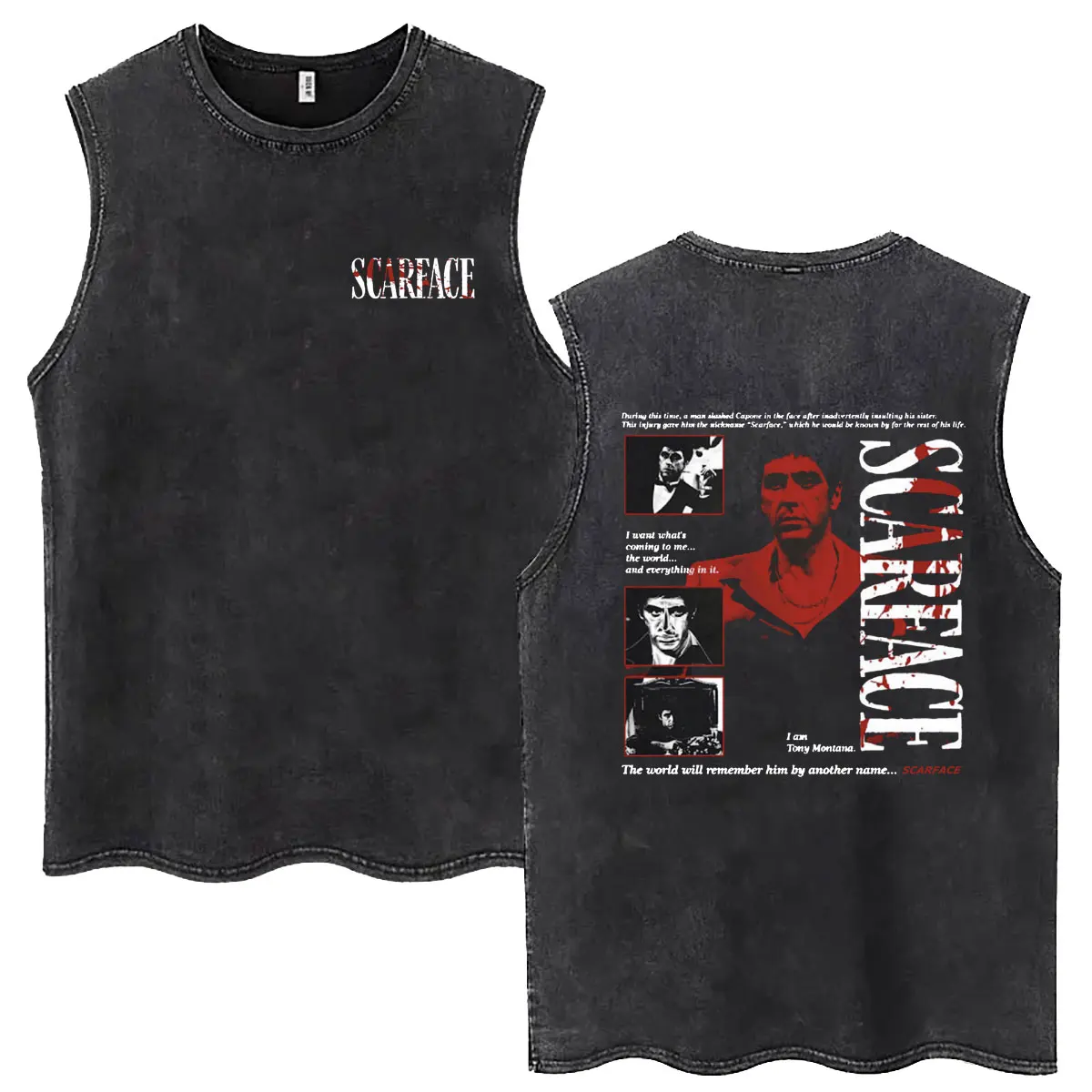 Classic Gangsters Movie Scarface Double Sided Print Vintage Washed Tank Tops Tony Montana Al Pacino Sleeveless Tshirt Streetwear
